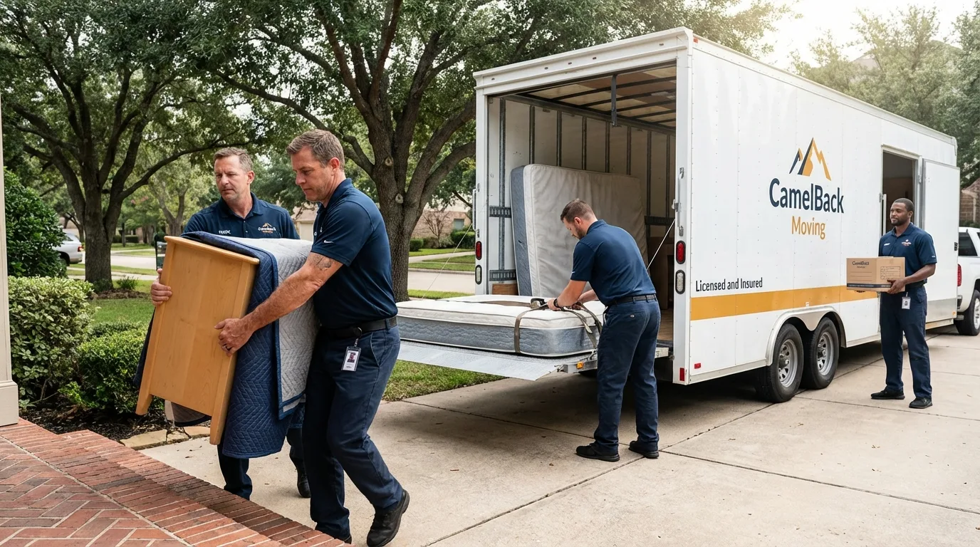 Crew loading residential truck for cross-state move from Sherman, IL