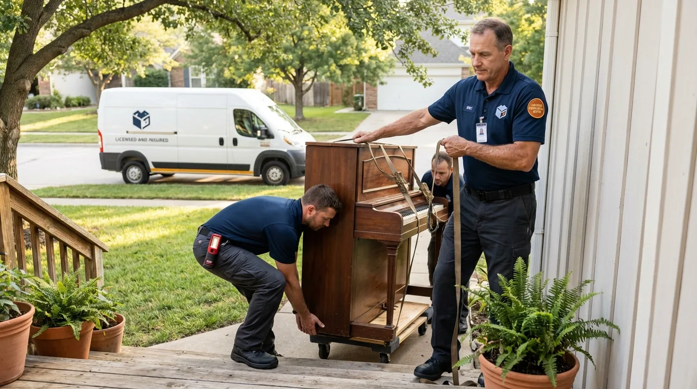 Licensed piano movers securing grand piano in Sherman, IL