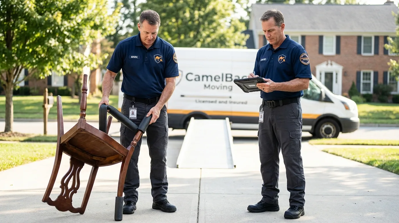 Movers inspecting furniture for damage prevention before loading in Sherman, IL