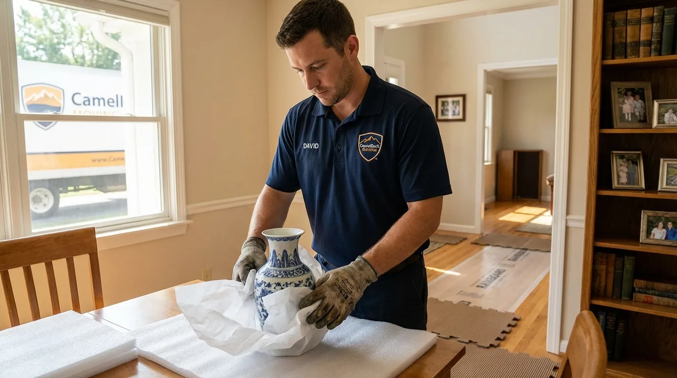 Professional crew carefully wrapping antique vase for senior downsizing move in Sherman, IL